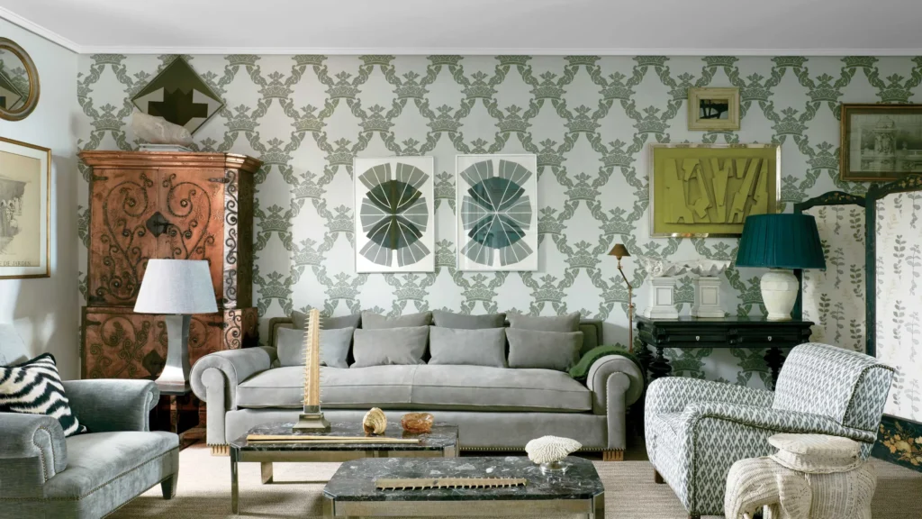 Classic living room with patterned wallpaper and antique furniture
